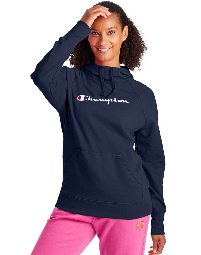 Champion Dame Hættetrøje Mørkeblå - Powerblend Fleece Script Logo - Danmark NTM-276085